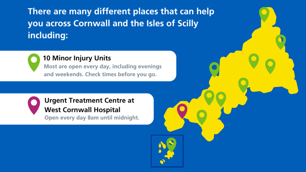 Map showing locations of minor injury units and urgent treatment centre in Cornwall and Isles of Scilly